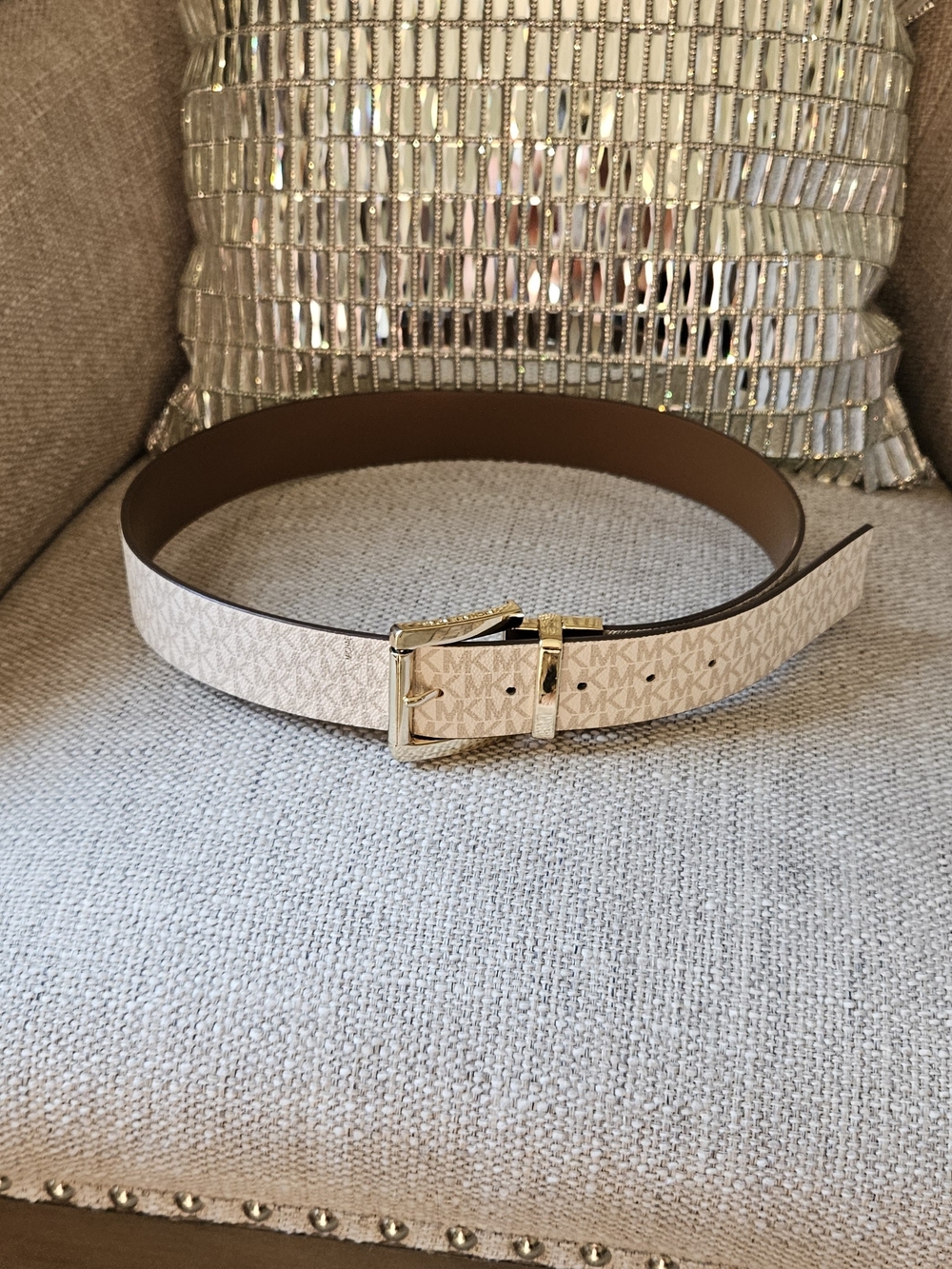 Michael Kors Ivory Logo Belt with Gold Buckle